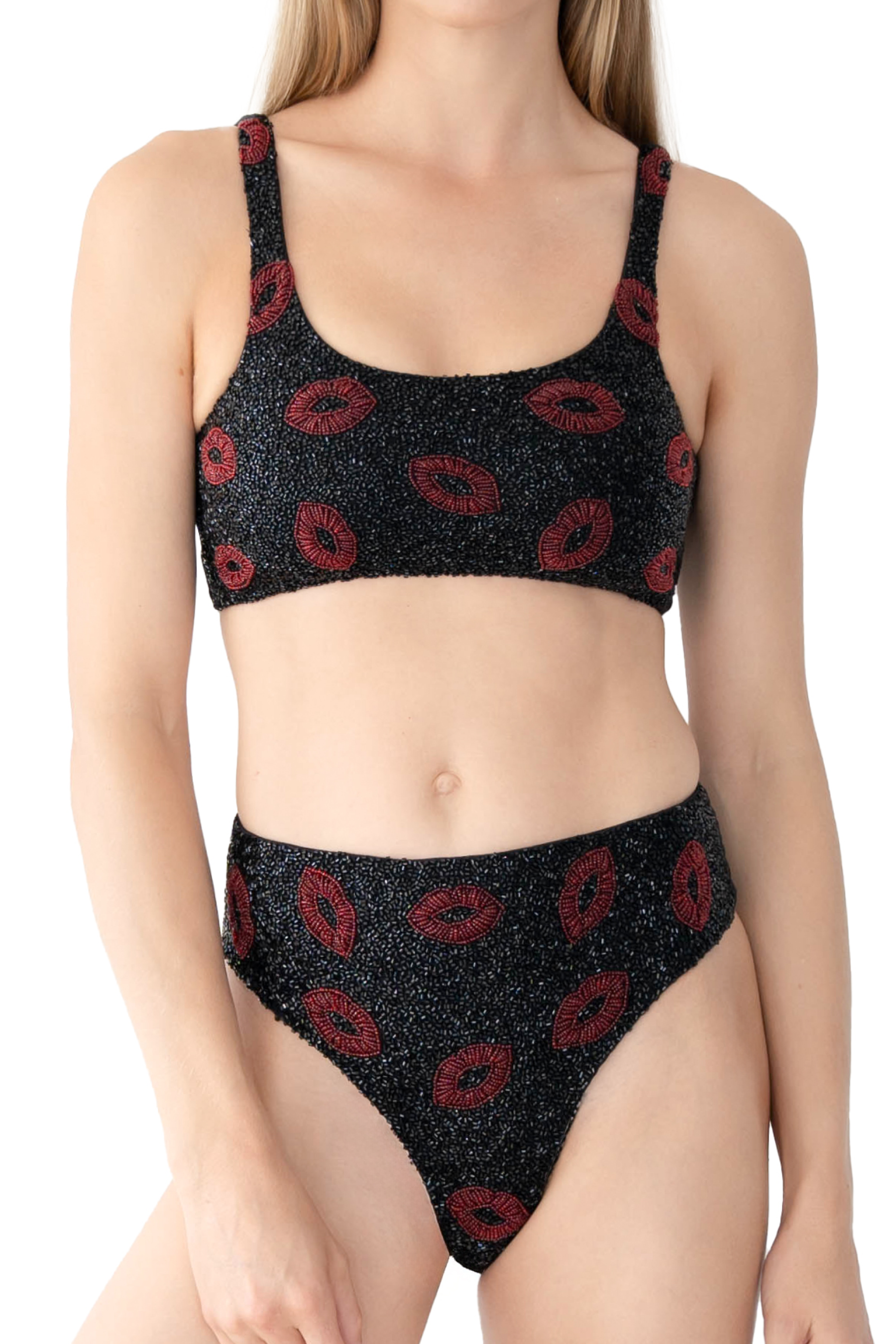 Kiss Hand-Beaded Embellished Bikini Top - Black