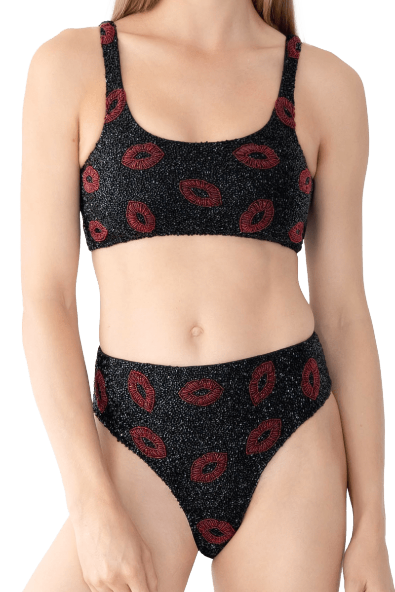 Kiss Hand - Beaded Embellished Bikini Top - Black - Self - Adore