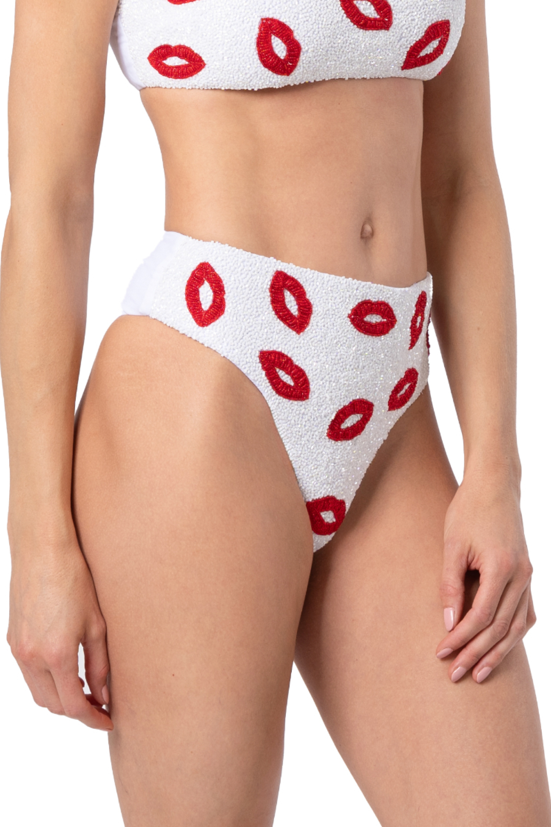 Kiss Hand-Beaded Embellished High-waisted Bikini Bottom - White