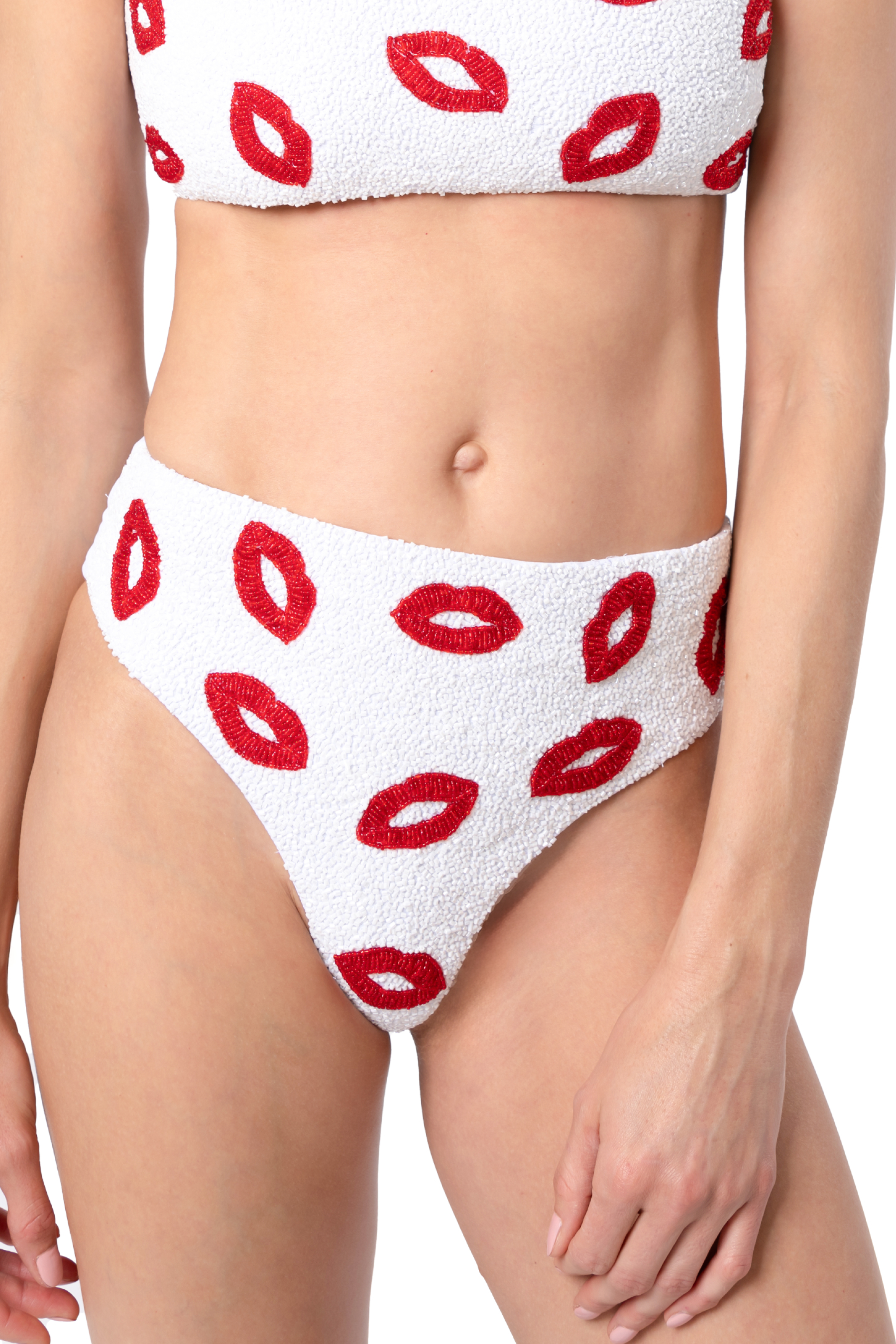 Kiss Hand-Beaded Embellished High-waisted Bikini Bottom - White