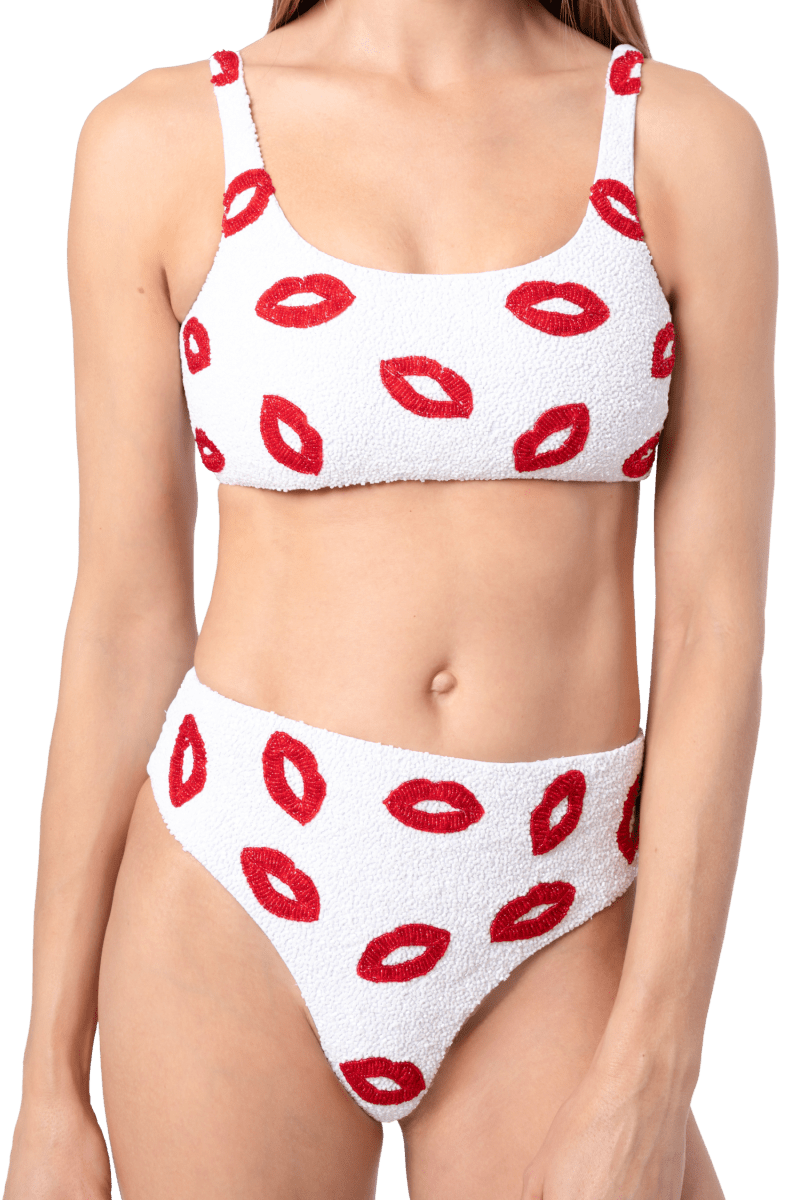 Kiss Hand - Beaded Embellished Bikini Top - White - Self - Adore