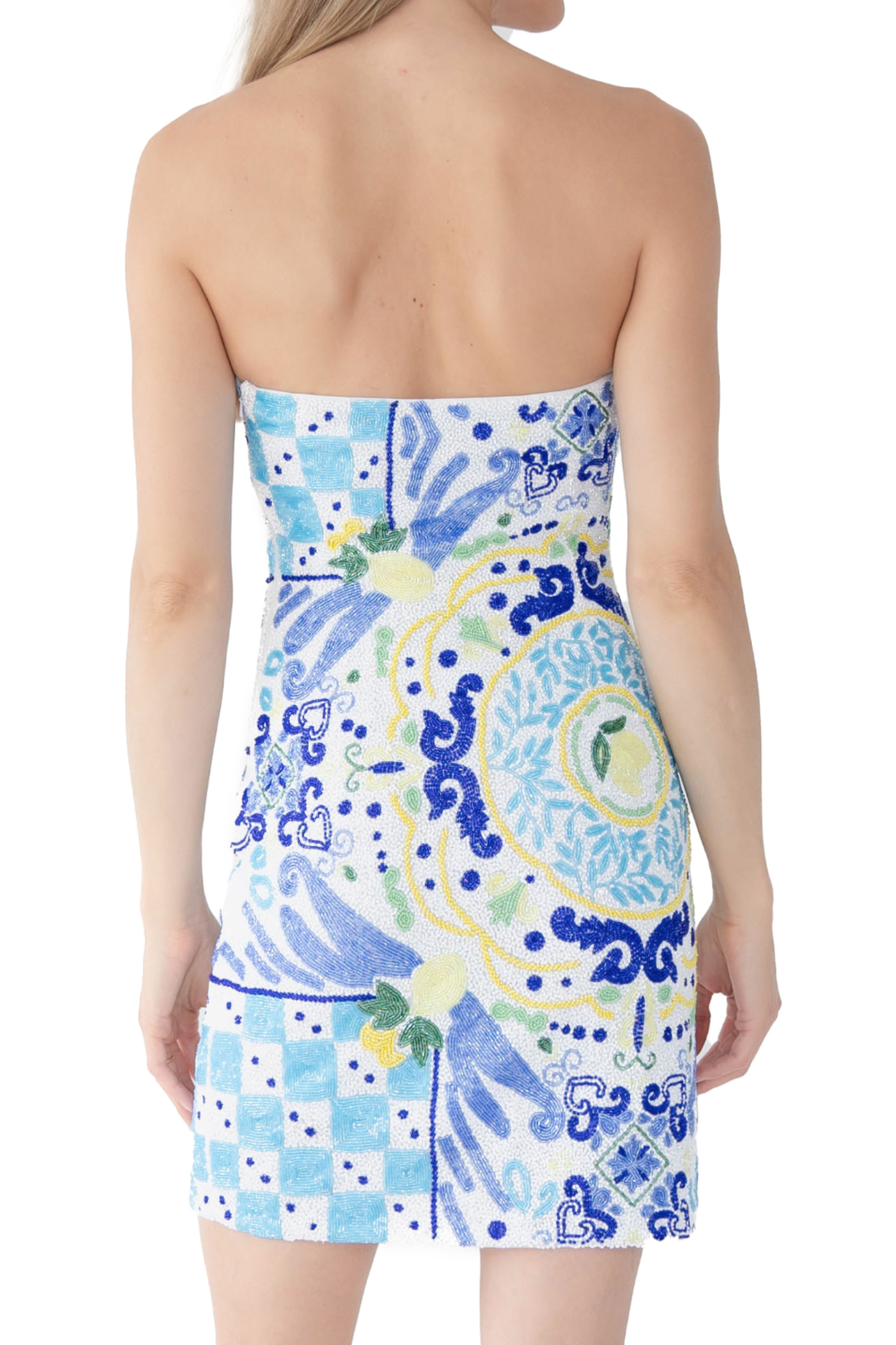 Limoncello Hand-Beaded Embellished Mini Dress - White/Blue