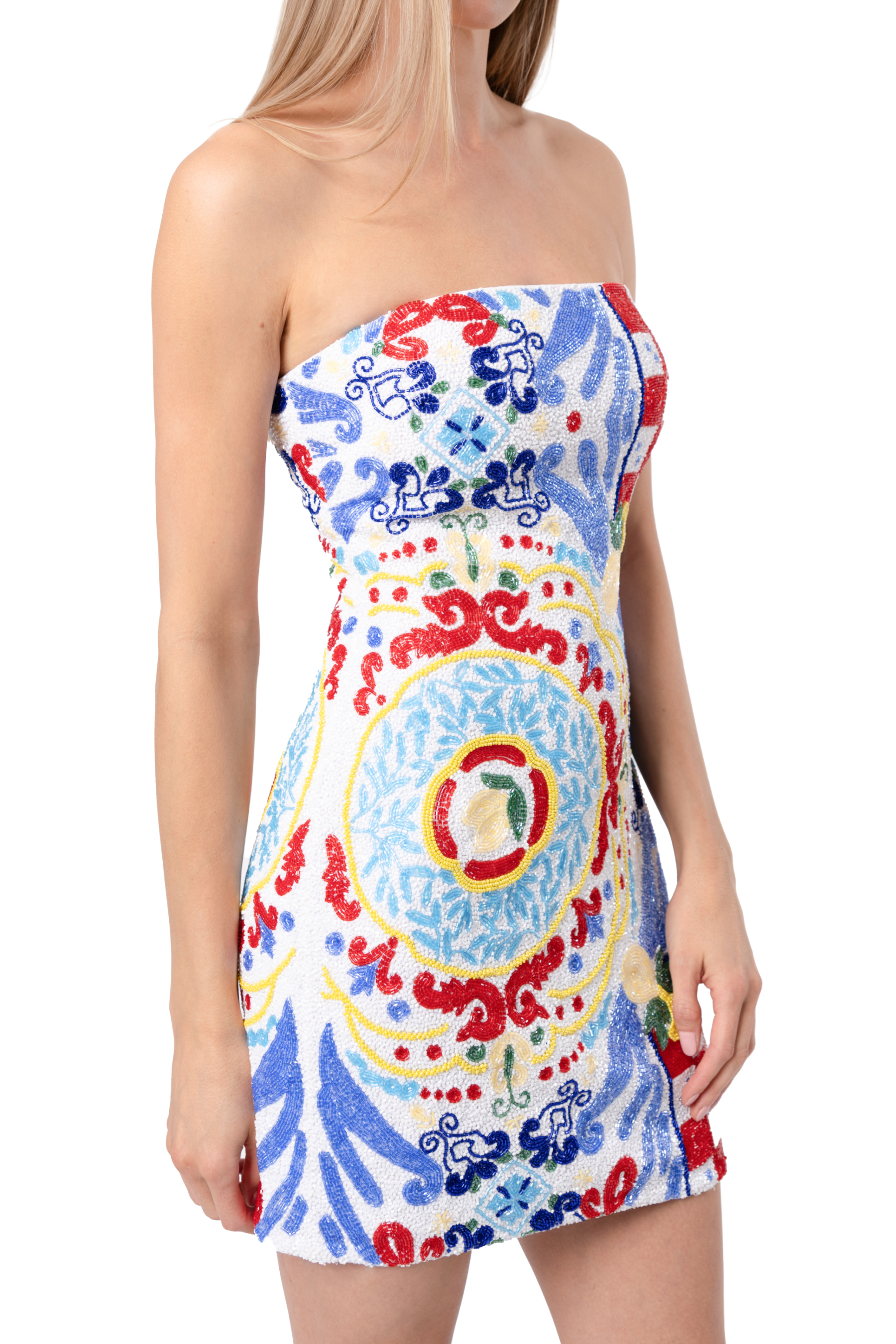 Limoncello Hand-Beaded Embellished Mini Dress - White/Red