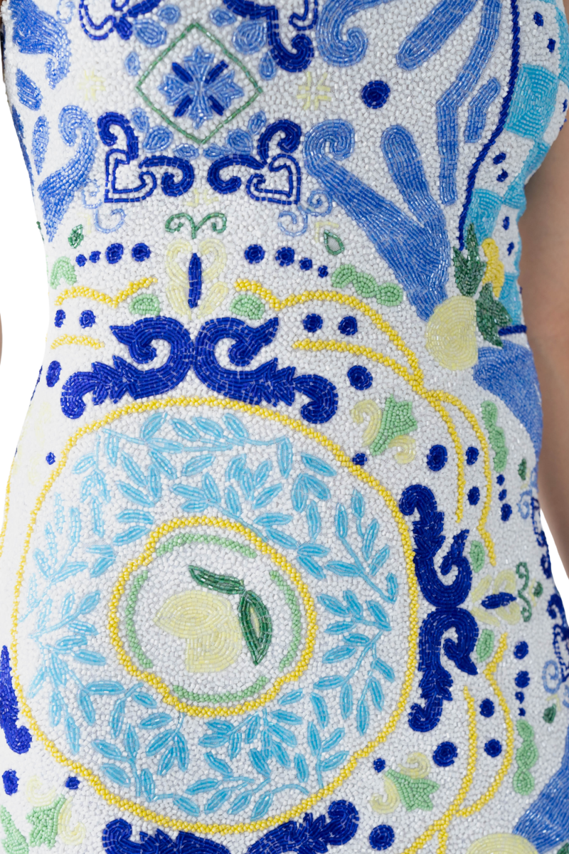 Limoncello Hand - Beaded Embellished Mini Dress - White/Blue - Self - Adore