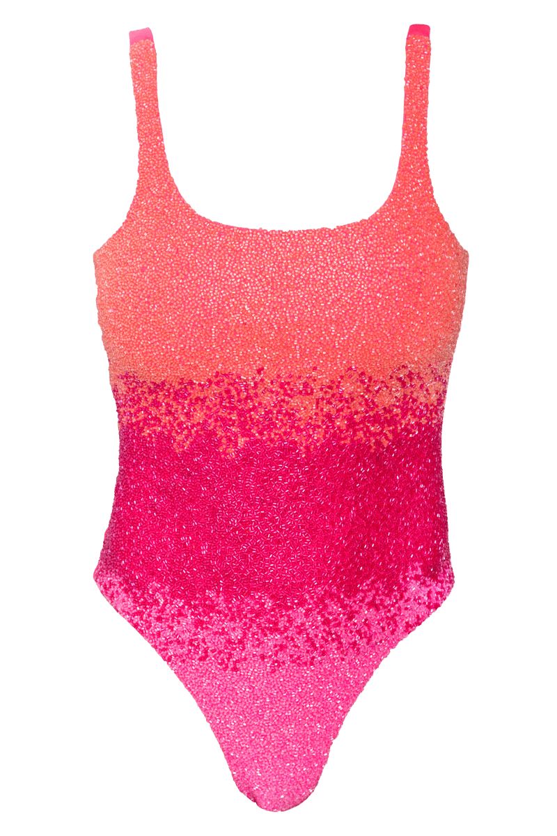 Ombre Hand - Beaded Embellished One - Piece Swimsuit - Orange/Pink - Self - Adore