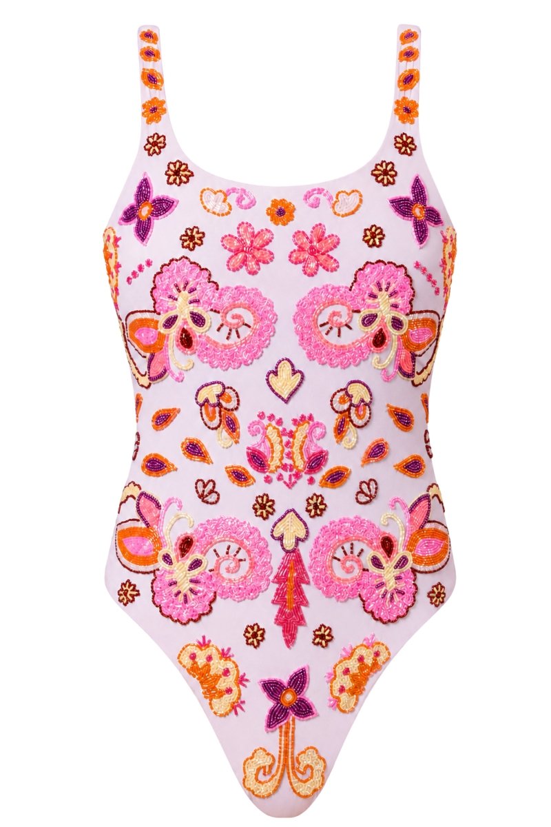 Floral Fiesta Hand-Beaded Embellished One-Piece Swimsuit- Pale Pink - Self-Adore