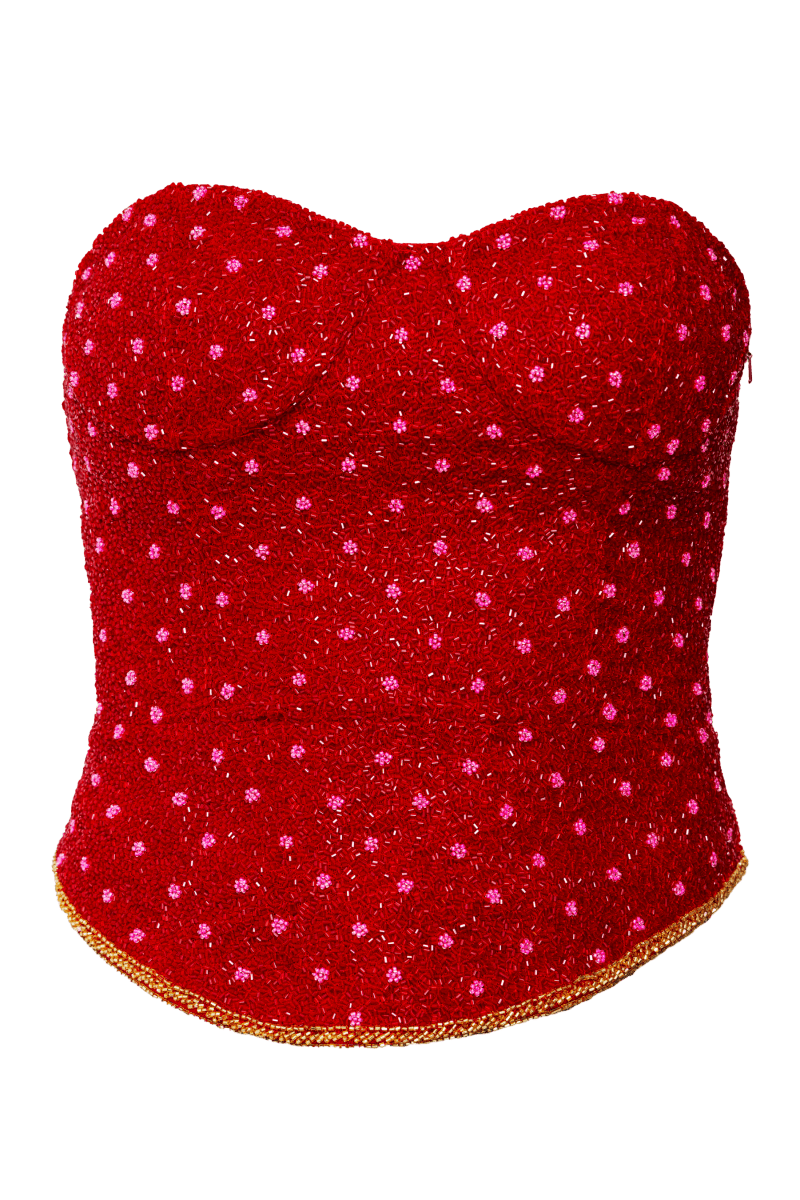 Perla Hand - Beaded Embellished Corset Top - Red - Self - Adore