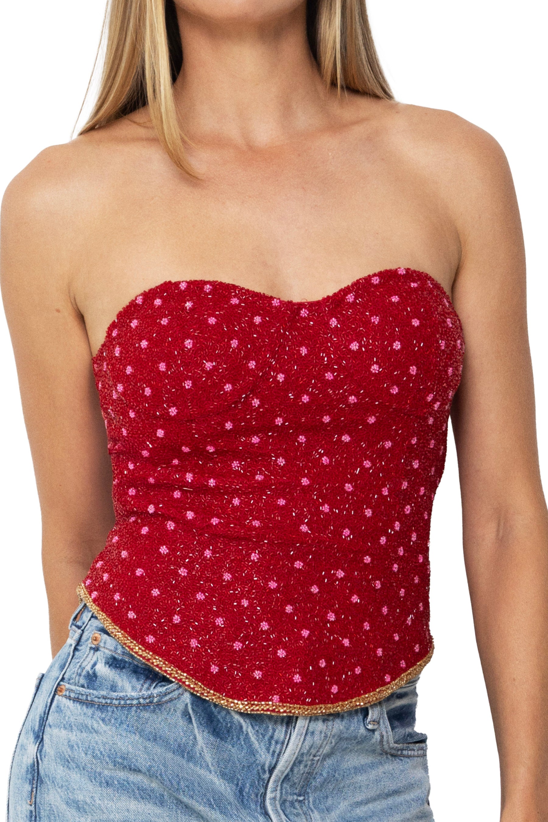 Perla Hand-Beaded Embellished Corset Top - Red