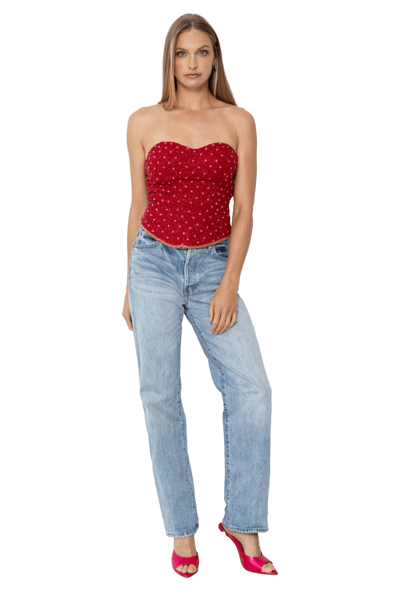 Perla Hand - Beaded Embellished Corset Top - Red - Self - Adore