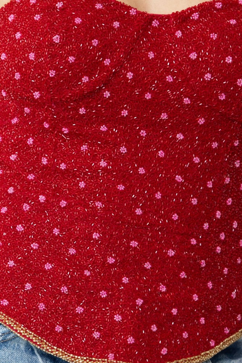 Perla Hand - Beaded Embellished Corset Top - Red - Self - Adore
