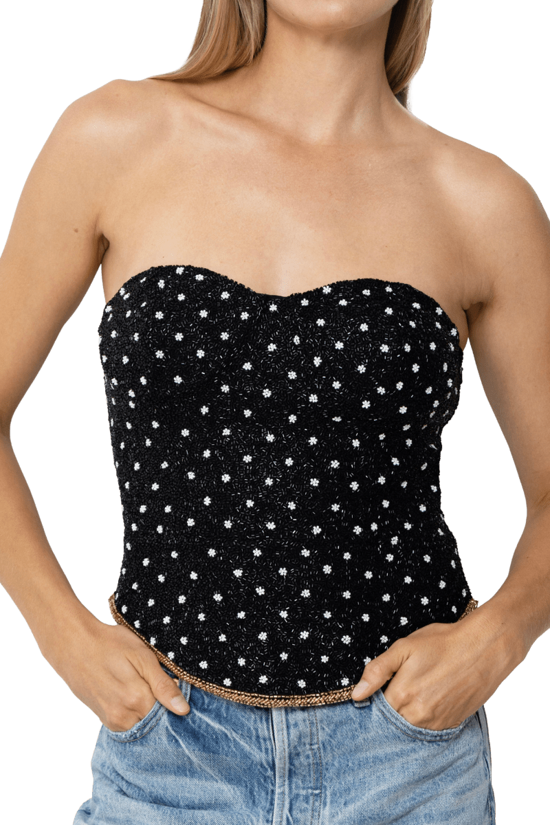 Perla Hand - Beaded Embellished Corset Top - Black - Self - Adore