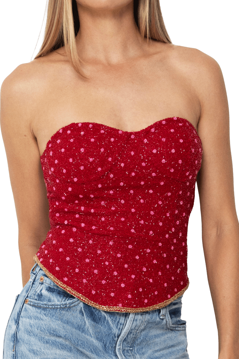 Perla Hand - Beaded Embellished Corset Top - Red - Self - Adore