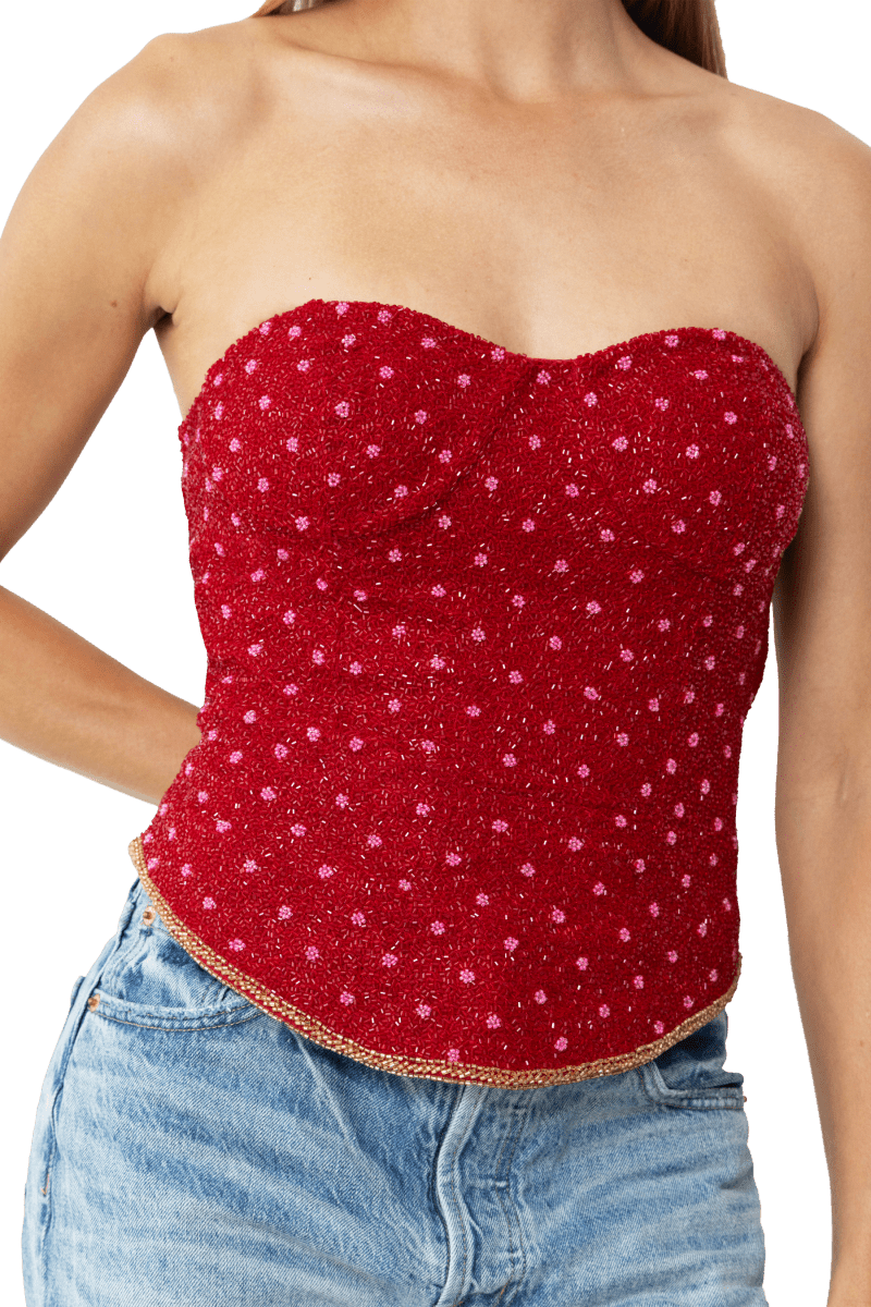 Perla Hand - Beaded Embellished Corset Top - Red - Self - Adore