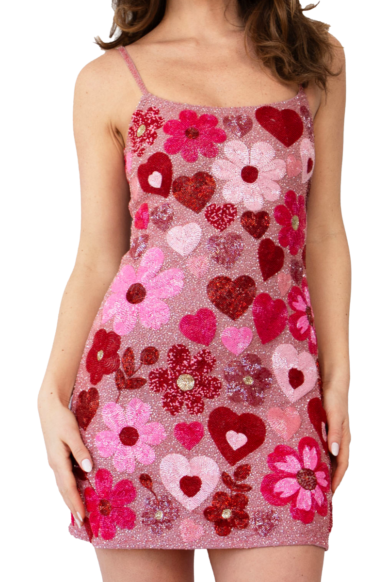 Pink Bouquet Hand - Beaded Embellished Mini Dress - Self - Adore