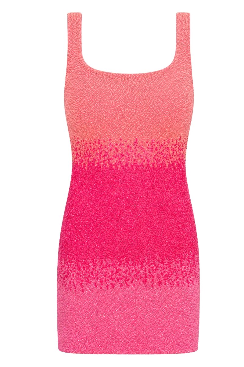 Ombre Hand-Beaded Embellished Mini Dress - Orange/Pink - Self-Adore