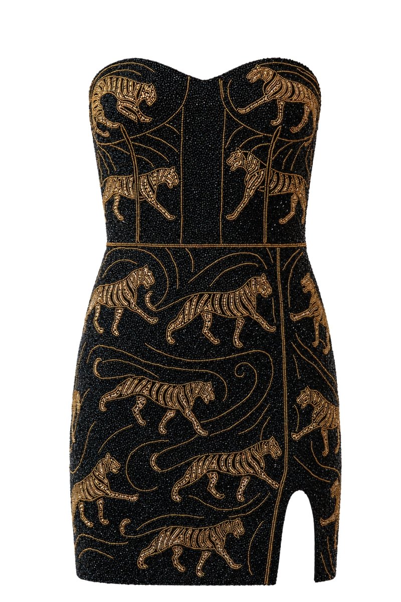 Tiger Hand-Beaded Embellished Mini Dress - Self-Adore