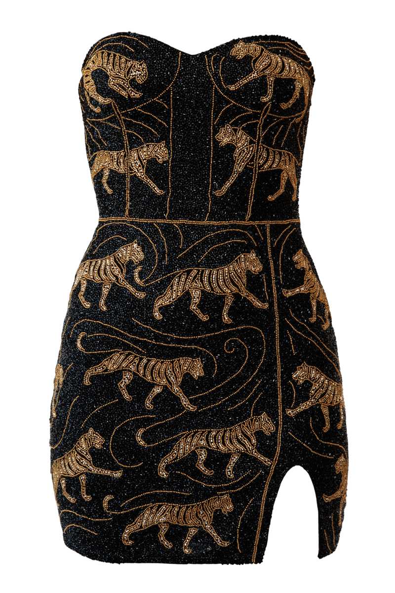 Tiger Hand - Beaded Embellished Mini Dress - Self - Adore
